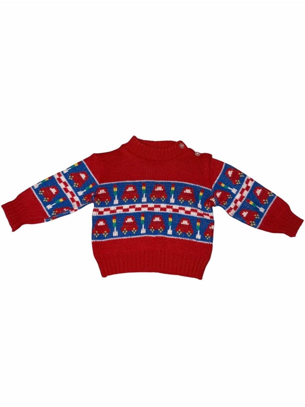 Vintage 90s Hopscotch Baby Red Fair Isle Car Sweater 0-6M Novelty Knit Primary